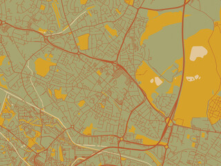 Contemporary flat map of West Bromwich, United Kingdom design with earthy sage background with rust roadways and ochre details.