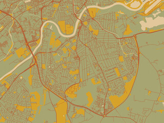 Poster-ready flat map of West Bridgford, United Kingdom, olive backdrop with warm rust street network and ochre blocks.