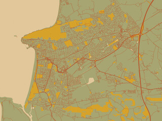 Decorative flat city map of Weston-super-Mare, United Kingdom using sage green ground with rust-red roads and ochre accents.