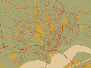 Modern flat map poster of Widnes, United Kingdom in earthy sage background with rust roadways and ochre details.