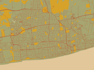 Graphic flat color map of Worthing, United Kingdom in earthy sage background with rust roadways and ochre details.