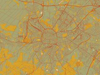 Obraz premium Flat painterly map of Aachen, Germany in earthy sage background with rust roadways and ochre details.