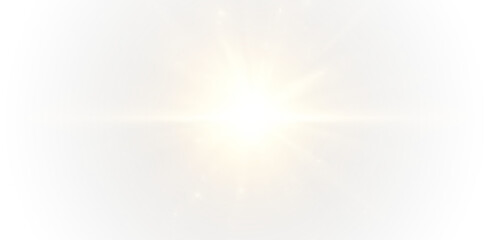 PNG glowing sunlight overlay with gold star flare, bright shine, and lens glow explosion effect suitable for photography, poster design, and visual art projects