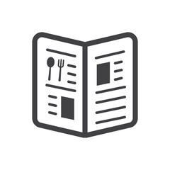 Isolated outline pictogram of restaurant menu book, symbol for food service, dining, cafe, meal list, and hospitality industry.