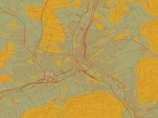 Minimalist flat city map of Aalen, Germany with sage/olive tone field with rust networks and ochre shapes, cream water.