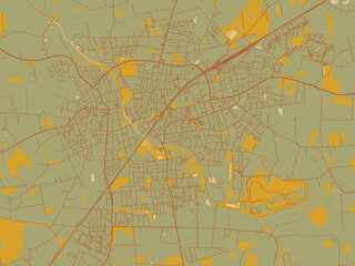 Contemporary flat map of Ahlen, Germany design with olive backdrop with warm rust street network and ochre blocks.