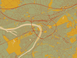 Obraz premium Stylized minimalist map of Aschaffenburg, Germany in sage/olive tone field with rust networks and ochre shapes, cream water.