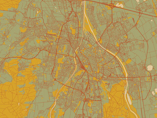 Minimalist flat city map of Augsburg, Germany with sage/olive tone field with rust networks and ochre shapes, cream water.