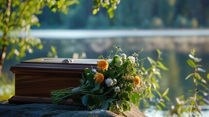 Serene Outdoor Scene with Wooden Casket and Colorful Floral Bouquet near Calm Lake at Sunset