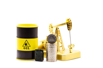 A gold oil pump, an iron oil barrel and a  1 dirham  of the United Arab Emirates coin on a white background