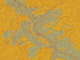 Stylized minimalist map of Baden-Baden, Germany in sage/olive tone field with rust networks and ochre shapes, cream water.