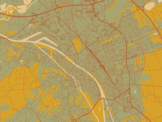 Stylized minimalist map of Bamberg, Germany in earthy sage background with rust roadways and ochre details.