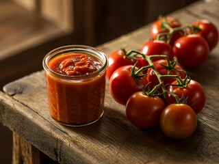 Rich and rustic shot of a glass of fresh tomato sauce or paste next to a vine of ripe cherry tomatoes on an old wooden surface.