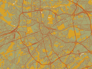 Flat painterly map of Bochum, Germany in olive backdrop with warm rust street network and ochre blocks.