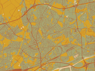 Fototapeta premium Stylized minimalist map of Bottrop, Germany in olive backdrop with warm rust street network and ochre blocks.