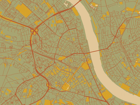 Abstract flat-design map of Bonn, Germany, featuring olive backdrop with warm rust street network and ochre blocks.