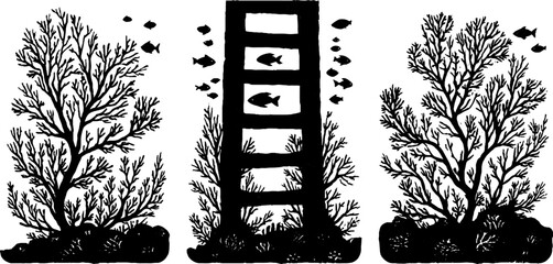 Tribal folk art blackwork illustration of symbolic elements inspired by nature