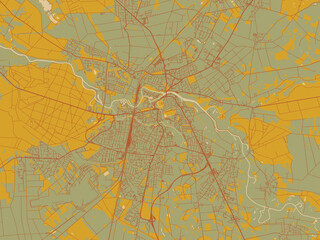 Abstract flat-design map of Celle, Germany, featuring sage/olive tone field with rust networks and ochre shapes, cream water.