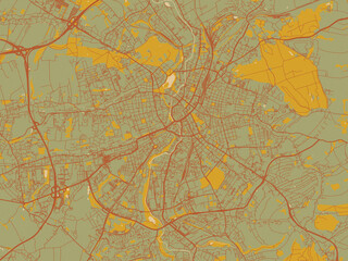 Abstract flat-design map of Chemnitz, Germany, featuring earthy sage background with rust roadways and ochre details.