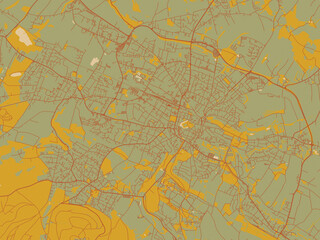 Vector-style flat map of Detmold, Germany with olive backdrop with warm rust street network and ochre blocks.