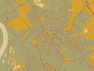 Minimalist flat city map of Dinslaken, Germany with earthy sage background with rust roadways and ochre details.