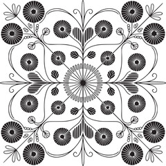 Vector art of symmetrical floral pattern in black and white