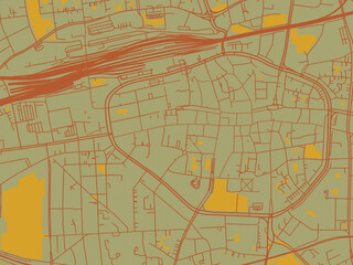 Stylized minimalist map of Dortmund Zentrum, Germany in earthy sage background with rust roadways and ochre details.