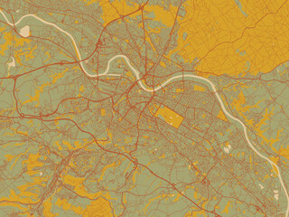 Minimalist flat city map of Dresden, Germany with muted sage base, rust-colored roads, and soft ochre highlights.