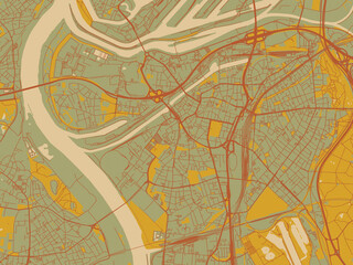 Abstract flat-design map of Duisburg, Germany, featuring olive backdrop with warm rust street network and ochre blocks.