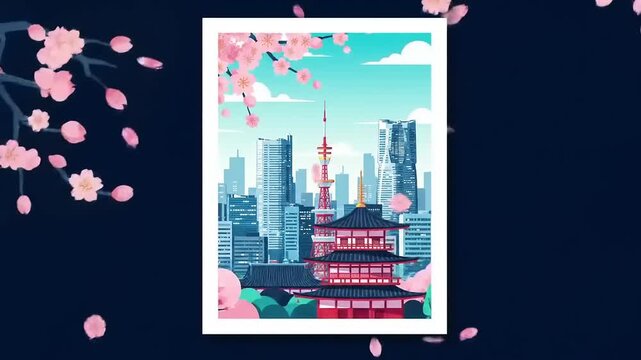 Animated Japan landscape with skyscrapers and pink sakura cherry blossom petals falling