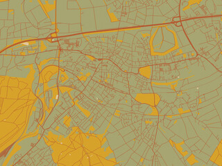 Vector-style flat map of Eschweiler, Germany with muted sage base, rust-colored roads, and soft ochre highlights.