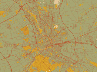 Abstract flat-design map of Erfurt, Germany, featuring muted sage base, rust-colored roads, and soft ochre highlights.