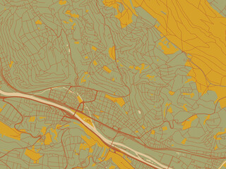 Graphic flat color map of Esslingen am Neckar, Germany in earthy sage background with rust roadways and ochre details.