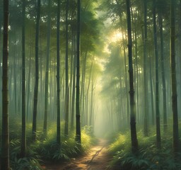 Obraz premium Dense bamboo forest with light beams cutting through the tall stalks