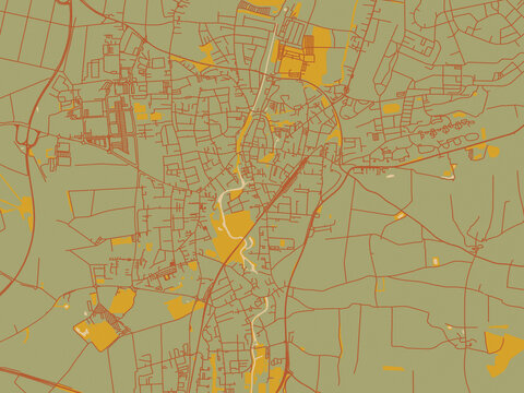 Abstract flat-design map of Erding, Germany, featuring olive backdrop with warm rust street network and ochre blocks.