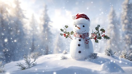 Charming snowman wearing a red santa hat and scarf standing in a snowy forest with falling snowflakes