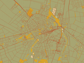 Obraz premium Minimalist flat city map of Euskirchen, Germany with sage green ground with rust-red roads and ochre accents.