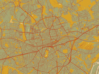 Flat painterly map of Essen, Germany in olive backdrop with warm rust street network and ochre blocks.
