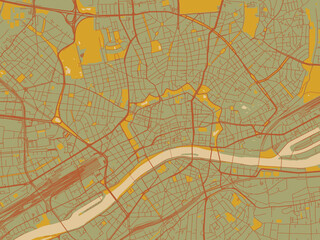 Obraz premium Vector-style flat map of Frankfurt am Main, Germany with sage green ground with rust-red roads and ochre accents.