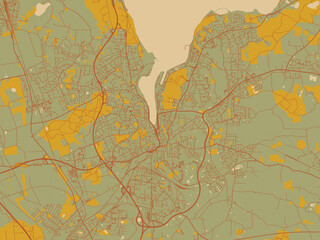 Contemporary flat map of Flensburg, Germany design with sage green ground with rust-red roads and ochre accents.