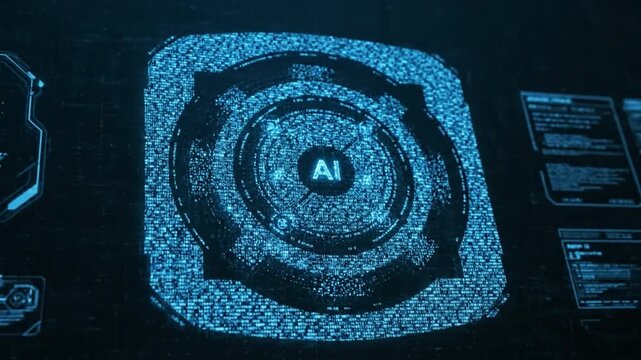 Futuristic digital technology showcases abstract artificial intelligence with glowing blue elements, featuring binary code and circuit patterns in dark background, enhancing innovation and design