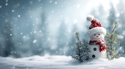 Obraz premium Charming snowman wearing a festive red hat and scarf stands in a snowy forest during a gentle snowfall