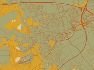 Obraz premium Abstract flat-design map of Frechen, Germany, featuring earthy sage background with rust roadways and ochre details.
