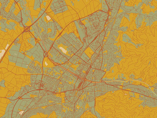 Flat painterly map of Freiburg im Breisgau, Germany in olive backdrop with warm rust street network and ochre blocks.