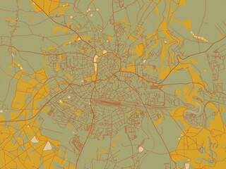 Abstract flat-design map of Freiberg, Germany, featuring earthy sage background with rust roadways and ochre details.