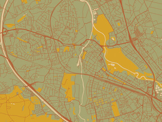 Obraz premium Stylized minimalist map of Furth, Germany in muted sage base, rust-colored roads, and soft ochre highlights.