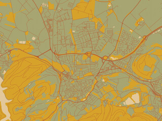 Vector-style flat map of Goslar, Germany with earthy sage background with rust roadways and ochre details.