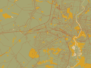 Naklejka premium Vector-style flat map of Gorlitz, Germany with sage/olive tone field with rust networks and ochre shapes, cream water.