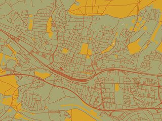 Modern flat map poster of Goppingen, Germany in muted sage base, rust-colored roads, and soft ochre highlights.