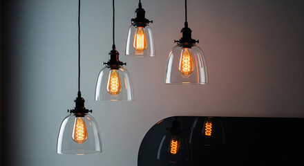 A cluster of vintage edison bulb pendant lights hanging against a muted wall, casting a warm and inviting glow in the dimly lit room